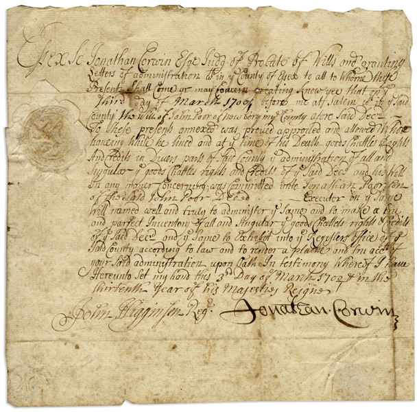 Jonathan Corwin, Judge of the Salem Witch Trials, Document Signed as Salem Judge -- Document Has Association to the Infamous Trials